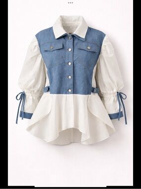 Denim Peplum Blouse 2X Color-block Puff Sleeve Tie Cuff Statement Top ILLord